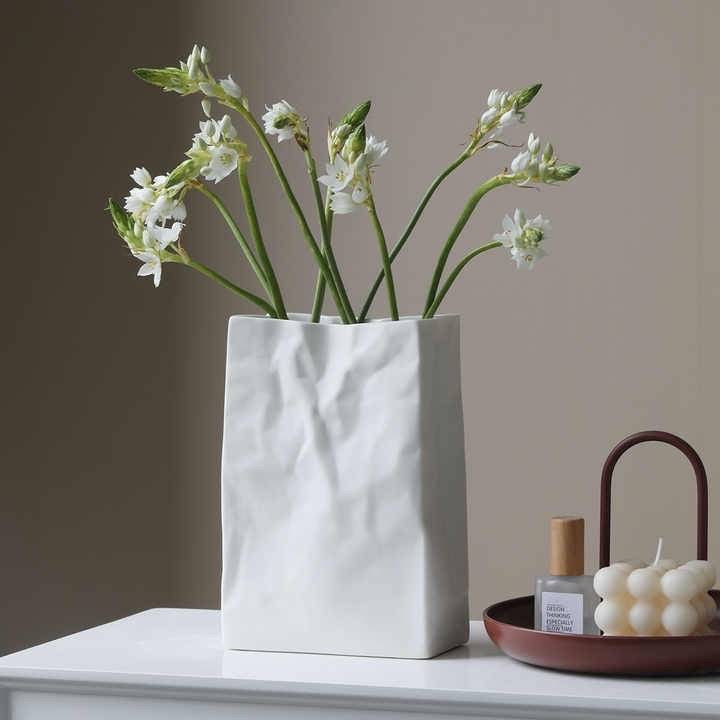 Modern Minimalistic White Ceramic Vase Paper Bag Shaped