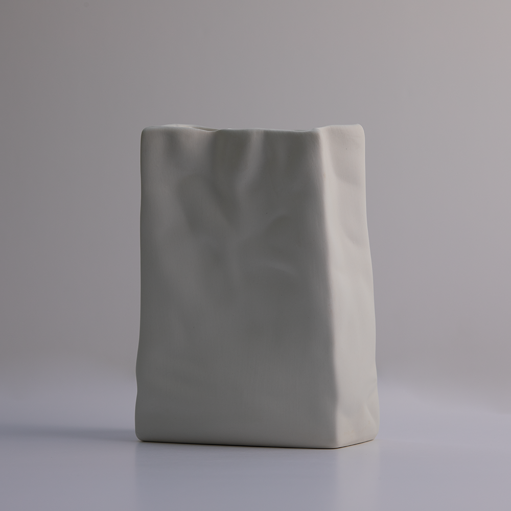 Modern Minimalistic White Ceramic Vase Paper Bag Shaped