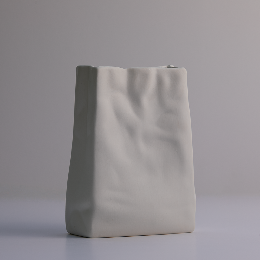 Modern Minimalistic White Ceramic Vase Paper Bag Shaped