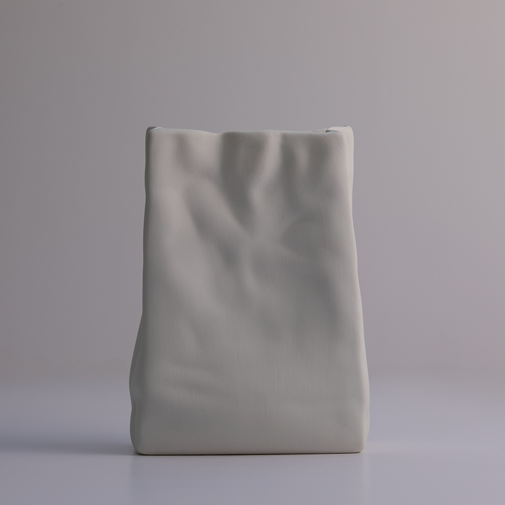 Modern Minimalistic White Ceramic Vase Paper Bag Shaped